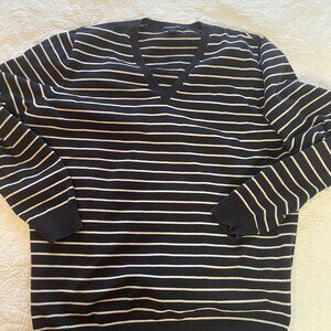Lands End Womens Blue White Striped V Neck Sweater XL long sleeve